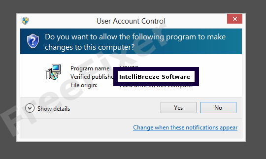 Screenshot where IntelliBreeze Software appears as the verified publisher in the UAC dialog